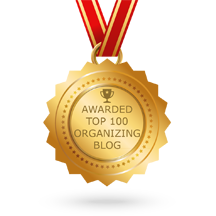 image of gold medal on red ribbon with text "awarded top 100 organizing blogs".